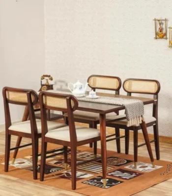 Boston Solid Wood Rattan Cane Dining Table Four Seater Set 6