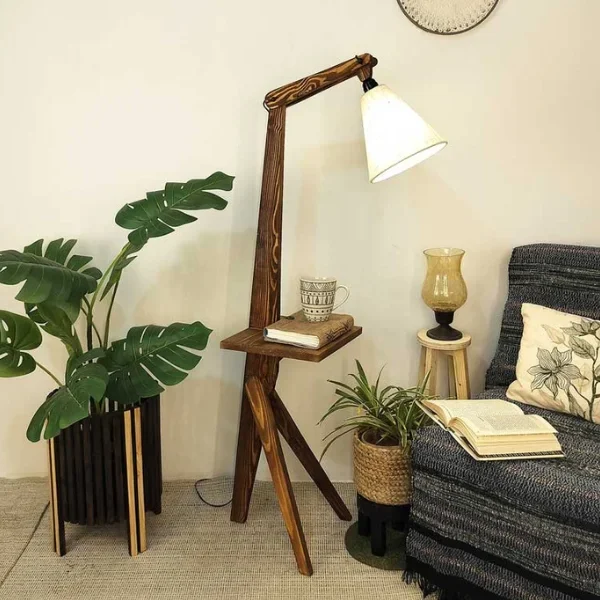 Hubert Wooden Floor Lamp with Brown Base and Jute Fabric Lampshade